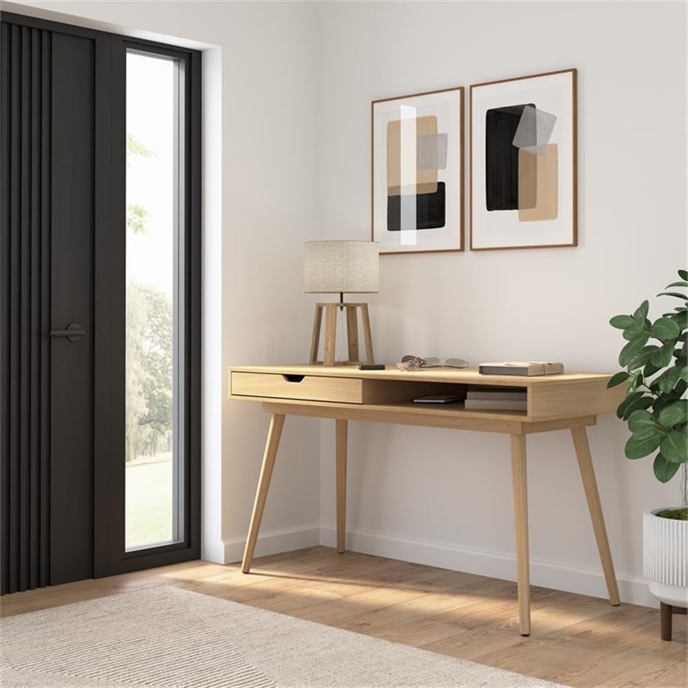 Bush Home Nora 54W Writing Desk with Storage in Natural Oak | Large Wooden Computer Table for Home Office, Study Room, or Entryway