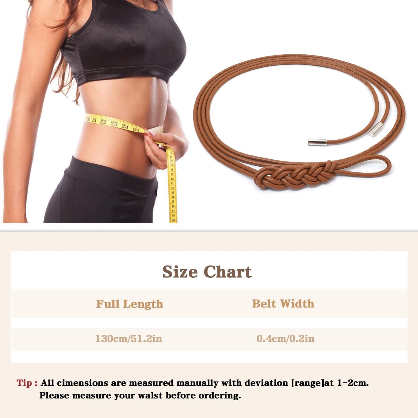 BAOKELAN Women Knot Thin Belts Skinny PU Leather Belts Boho Waist Belt for Dresses Brown 130CM