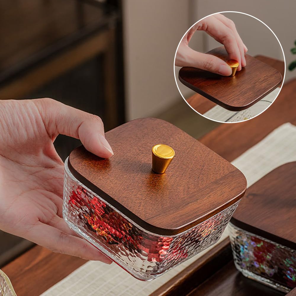 Square Glass Snackle Box Container Snack Organizer and Fruit Platter with Walnut Wooden Lids and Tray Divided Serving Tray for Nuts Candy Fruits (4 Jars)