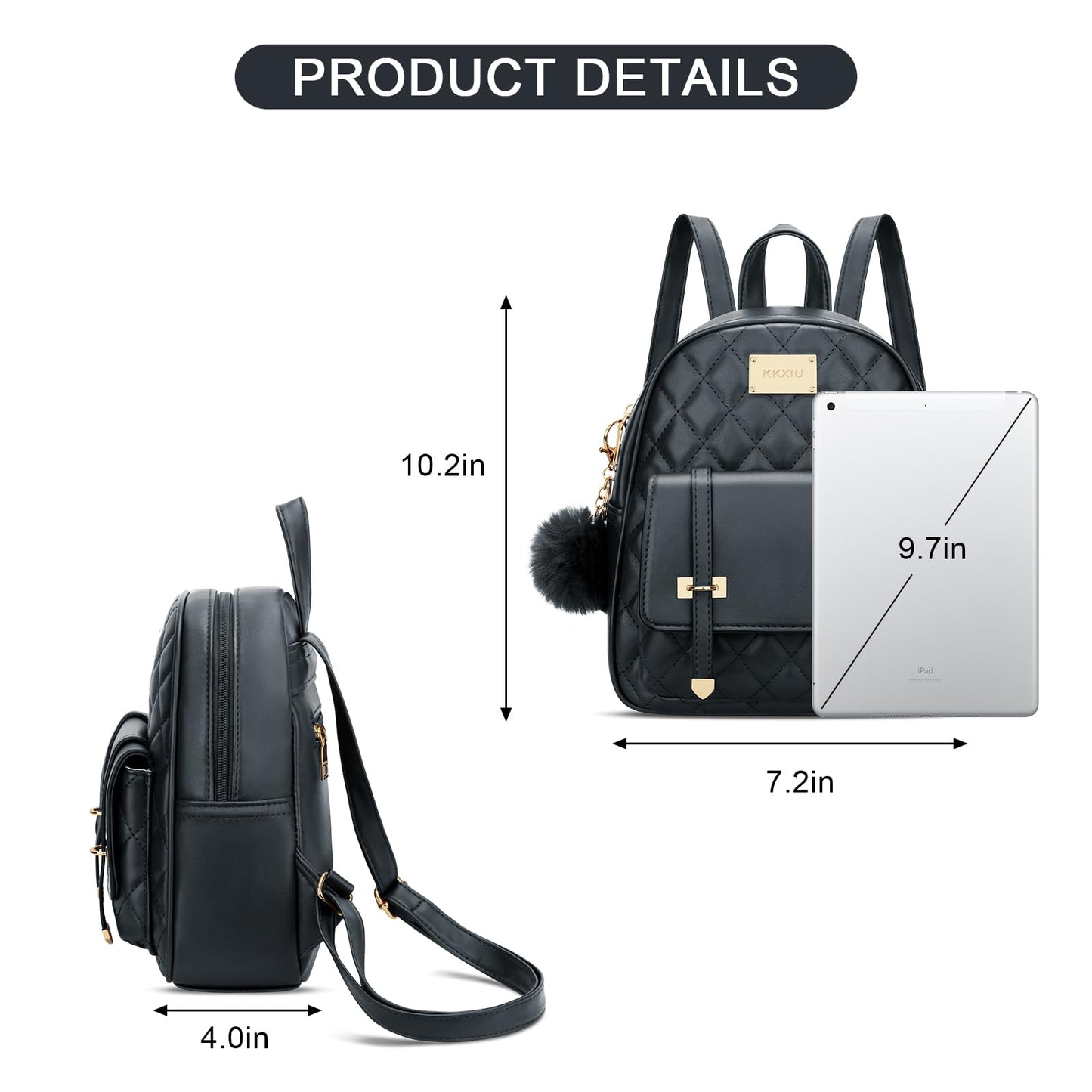 KKXIU Girls Small Backpack Purse Vegan Leather Quilted Mini Daypack for Women Trendy Bookbag (Black)