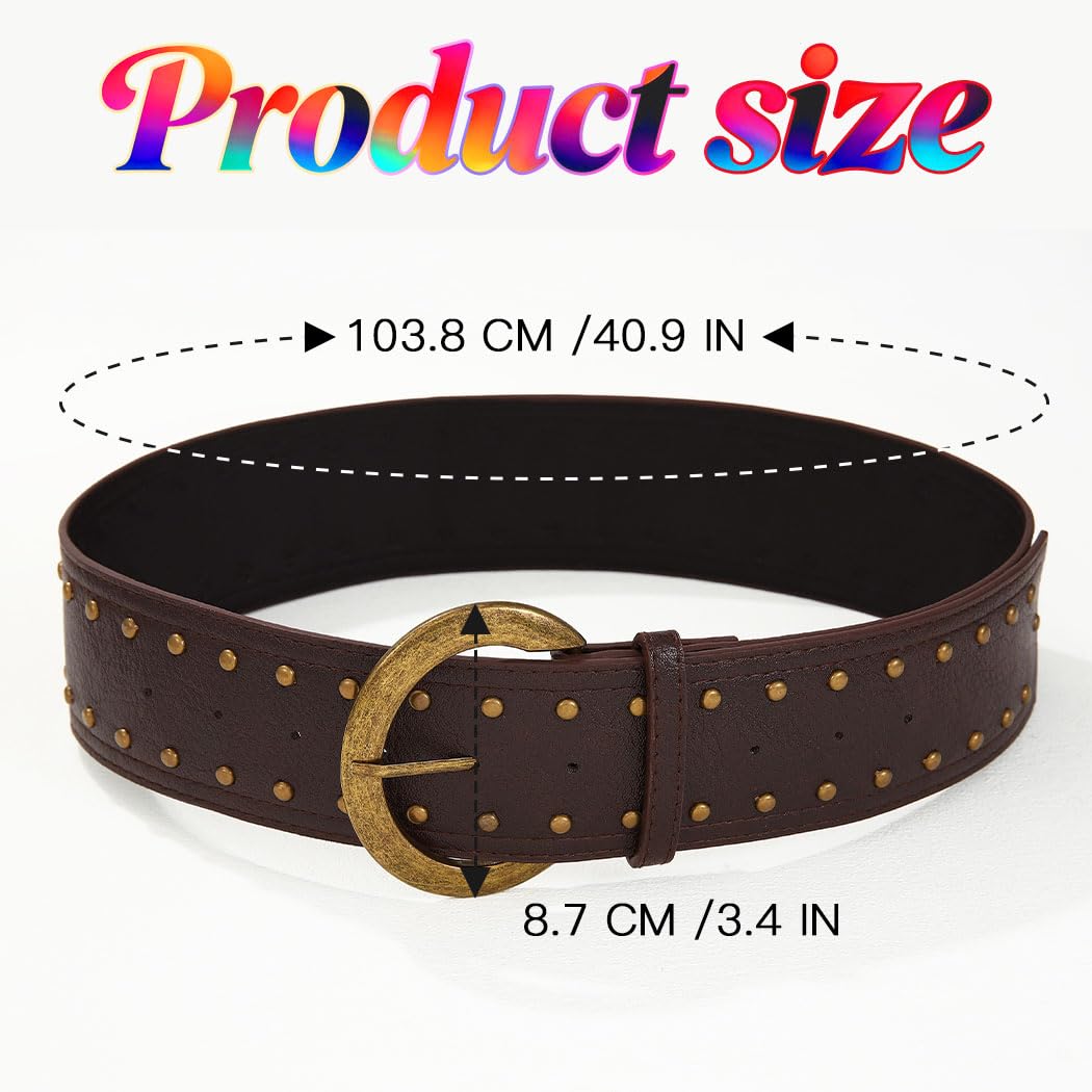 Beautriy Wide Studded Leather Belts Chunky Vintage Belt Fashion Thick Belt Accessories for Women (Coffee)
