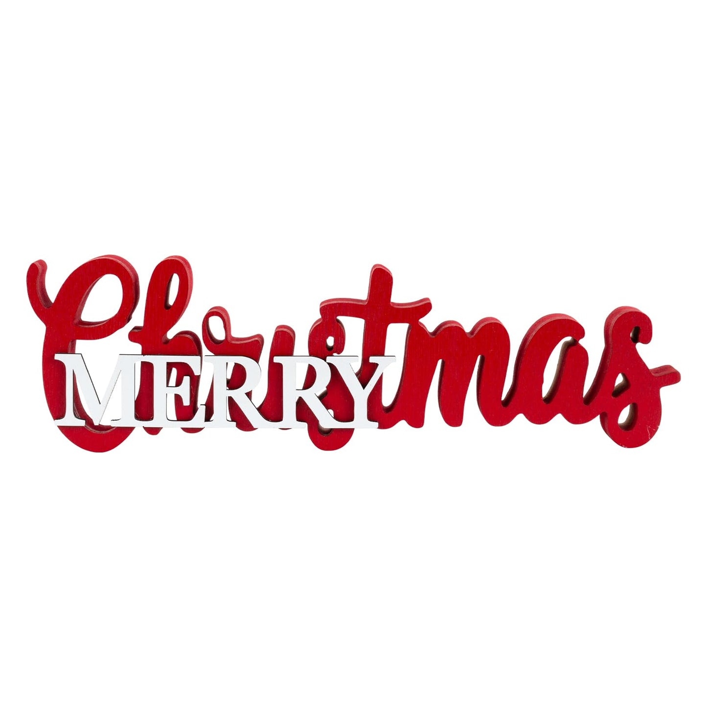 Christmas Centerpieces for Table - Wooden Merry Christmas Sign with Red & White Accents, Festive Tabletop and Mantel Decor for Dining Room, Shelf, Tray, Dinner Party Centerpiece
