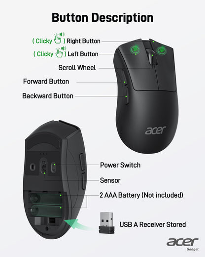 acer Wireless Mouse, 1200 DPI Computer Mouse for Laptop with 2.4GHz USB A Receiver, 5 Buttons Compatible for Windows, macOS, Android (Black)