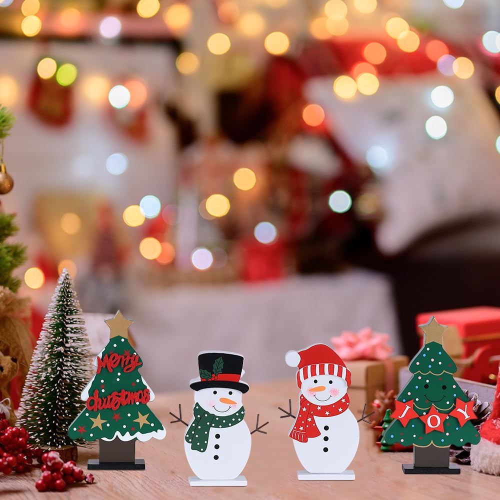 DECSPAS Christmas Decorations Indoor, 4 PCS Wood Christmas Trees & Snowmen for Centerpiece Table Decorations, Wooden Tiered Tray for Xmas Decor, Home, Winter, Tabletop, Mantel, Shelf, Gifts