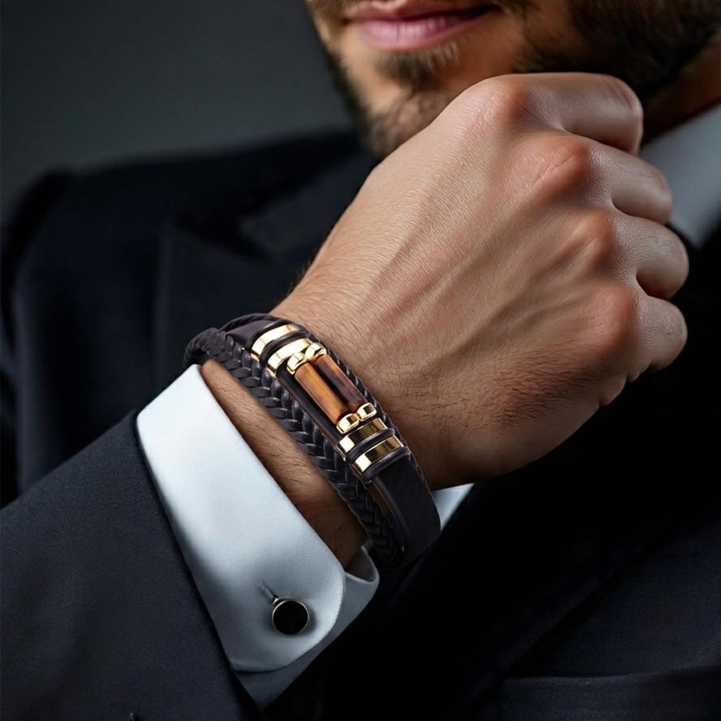 DHWANI ASTRO Leather Braided Stone Bracelet for Men Stainless Steel Buckle Multi Layer Wristband Cuff Bracelets Handmade With Metal Clasp Closure (Tiger Eye)