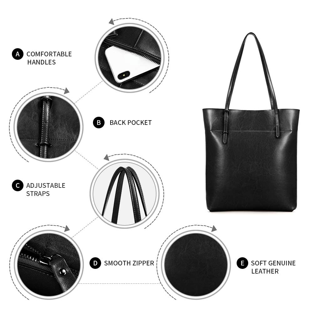 Kattee Vintage Genuine Leather Tote Shoulder Handbag for Woman with Adjustable Handles (Black)