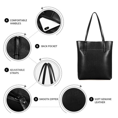 Kattee Vintage Genuine Leather Tote Shoulder Handbag for Woman with Adjustable Handles (Black)