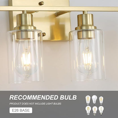 4-Lights Gold Bathroom Vanity Light Fixtures,Brushed Gold Wall Sconces with Clear Glass Shades, Farmhouse Modern Wall Lighting for Mirror,Living Room,Bedroom