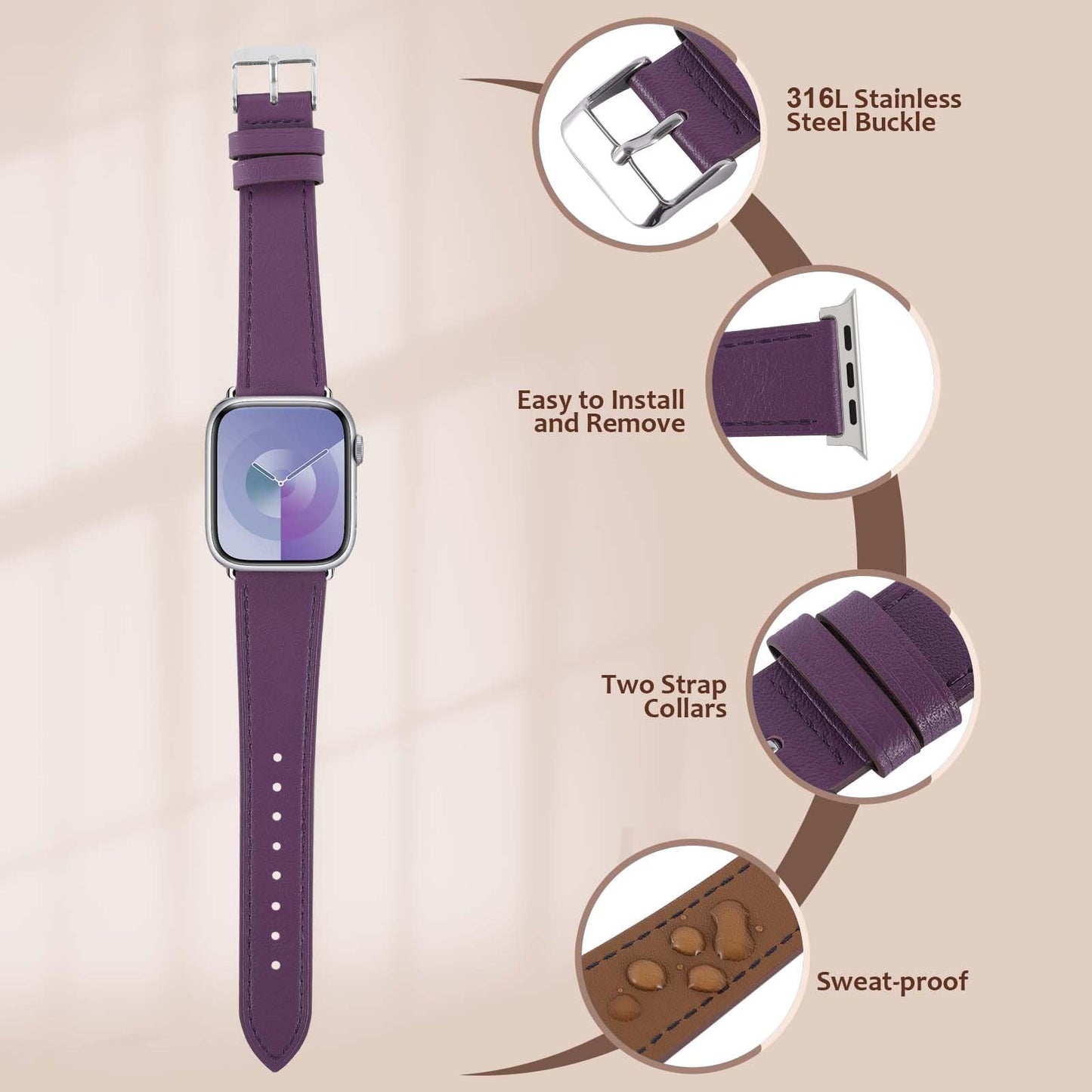 Biggyboom Italy Genuine Leather Bands Compatible with Apple Watch Band 42mm 41mm 40mm 38mm for Women Men, Sweat-Wear Resistant Leather Replacement Strap for iWatch Series 11 10 9 8 7 6 SE 5 4 3 2 1