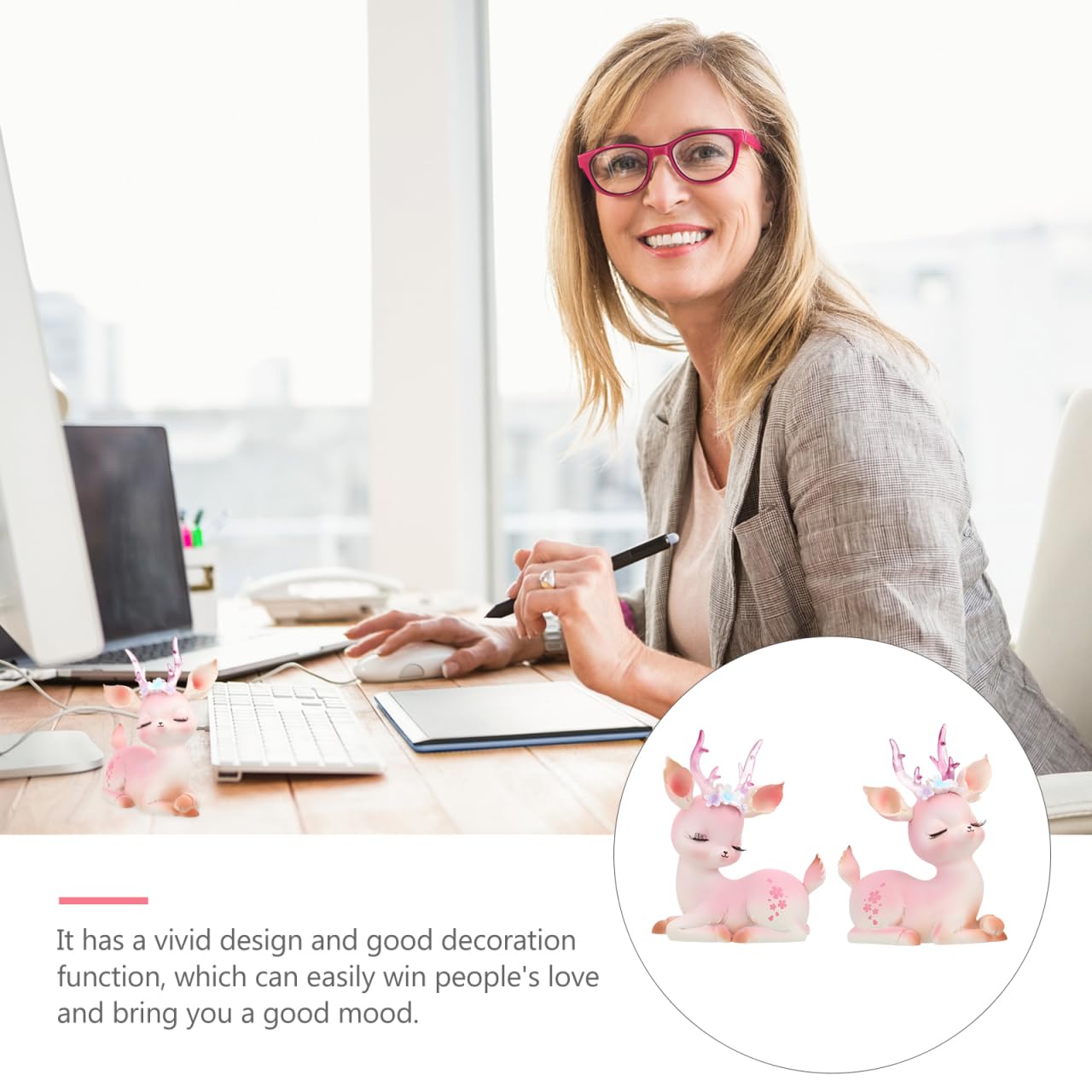 Garneck 2Pcs Pink Resin Deer Ornaments Mini Cartoon Deer Figurines for Car Dashboard Decor Christmas Figurines Home Office Desk Bedroom Study Table Seasonal Decor