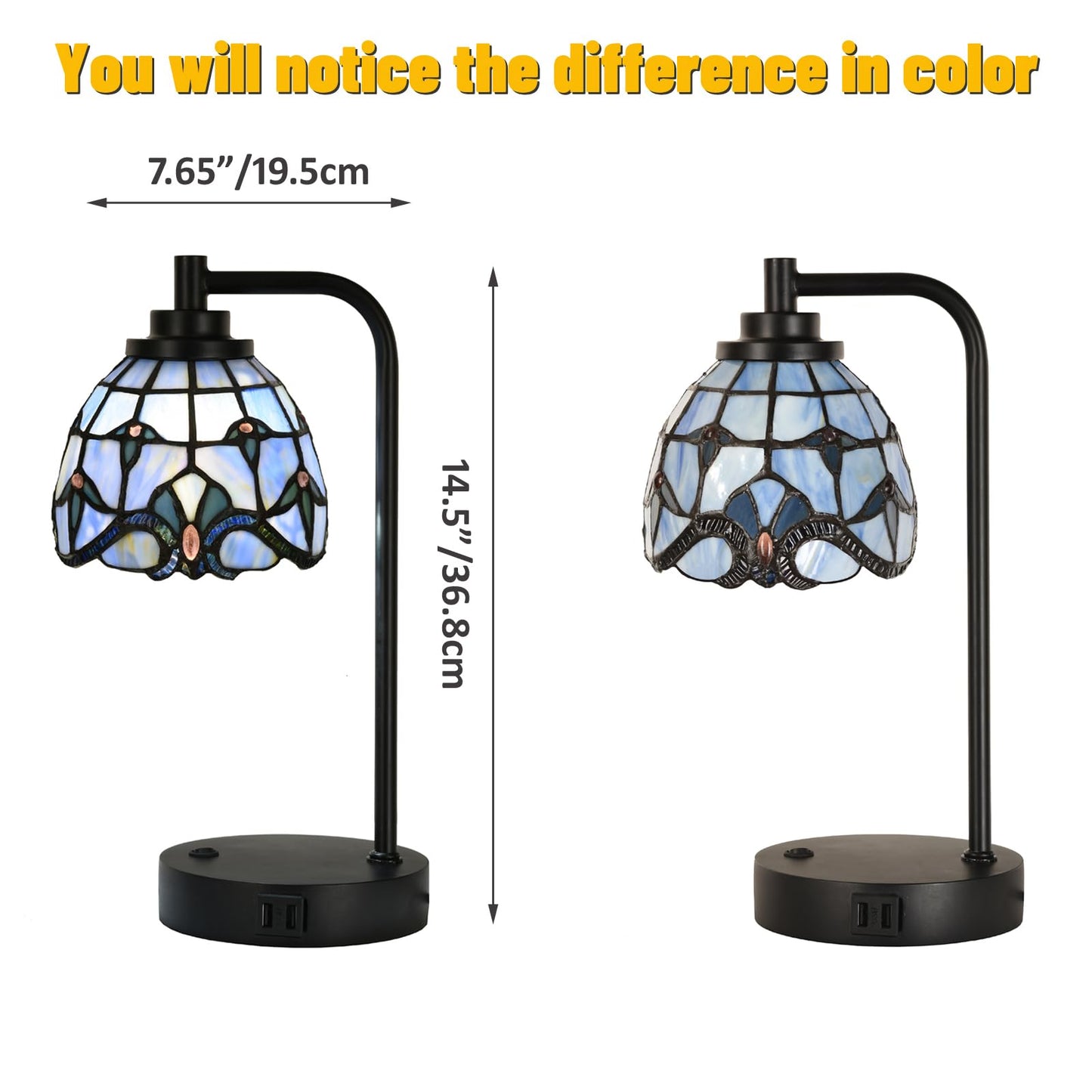 HomeBeauty TL0016 Tiffany Style Stained Glass Table Lamp with USB Charging Ports, Desk Lamp with Blue Baroque Lamp Shade, Retro Nightstand H 14.5" for Bedroom Office, LED Bulb Included (Blue)