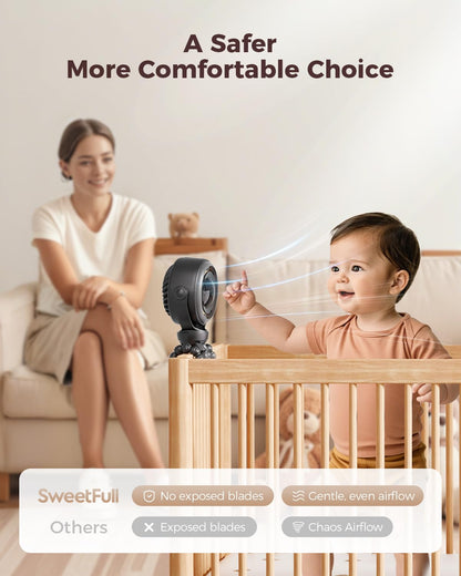 SWEETFULL Baby Stroller Fan - 4000mAh Rechargeable 4-Speed Quiet with LED Display & Night Light, Mini Portable 360° Clip On Safe Fan for Car Seat, Crib, Travel - Black