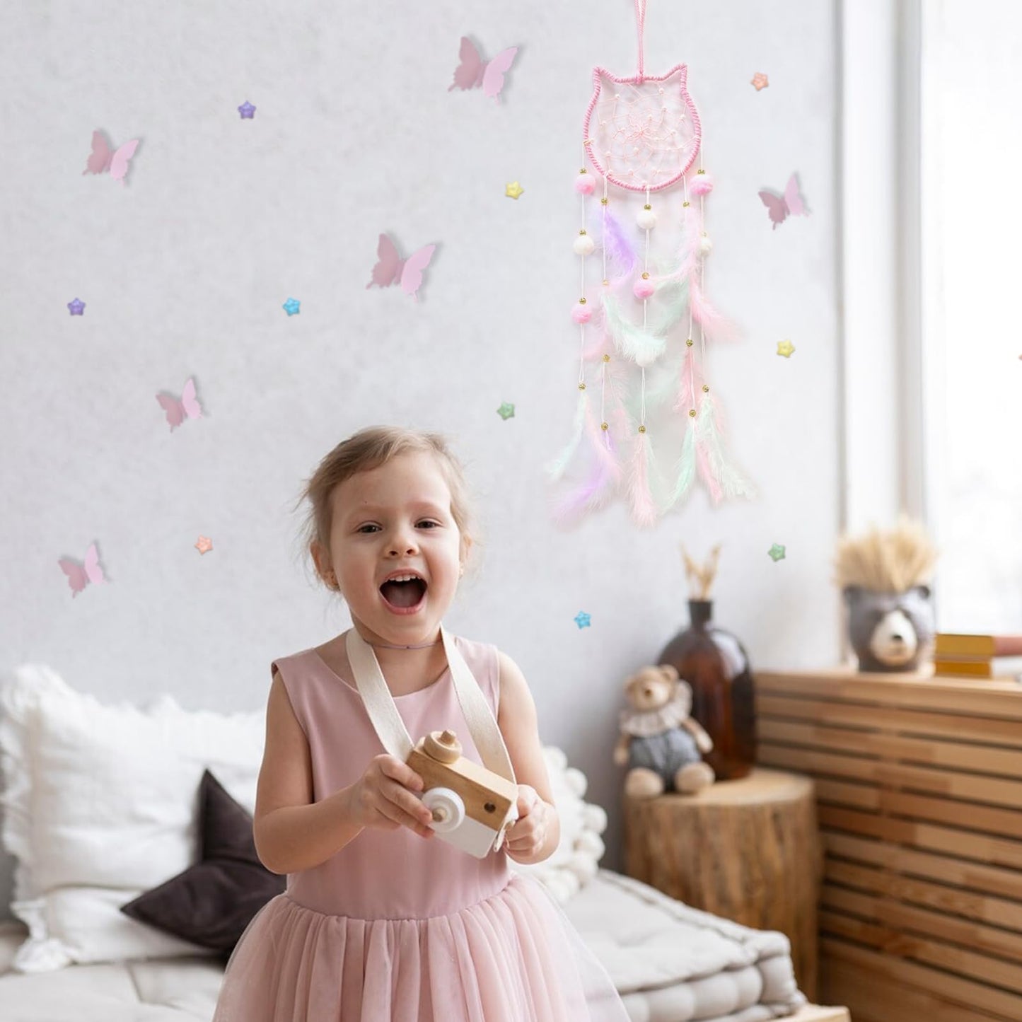 Fun-Plus Pink Dream Catcher Wall Hanging Set - 10 Butterflies & 16 Stars, Boho Room Decor for Girls, Easy Peel & Stick Wall Art for Bedroom, Nursery, Teen Room for Daughter, Birthday, Christmas