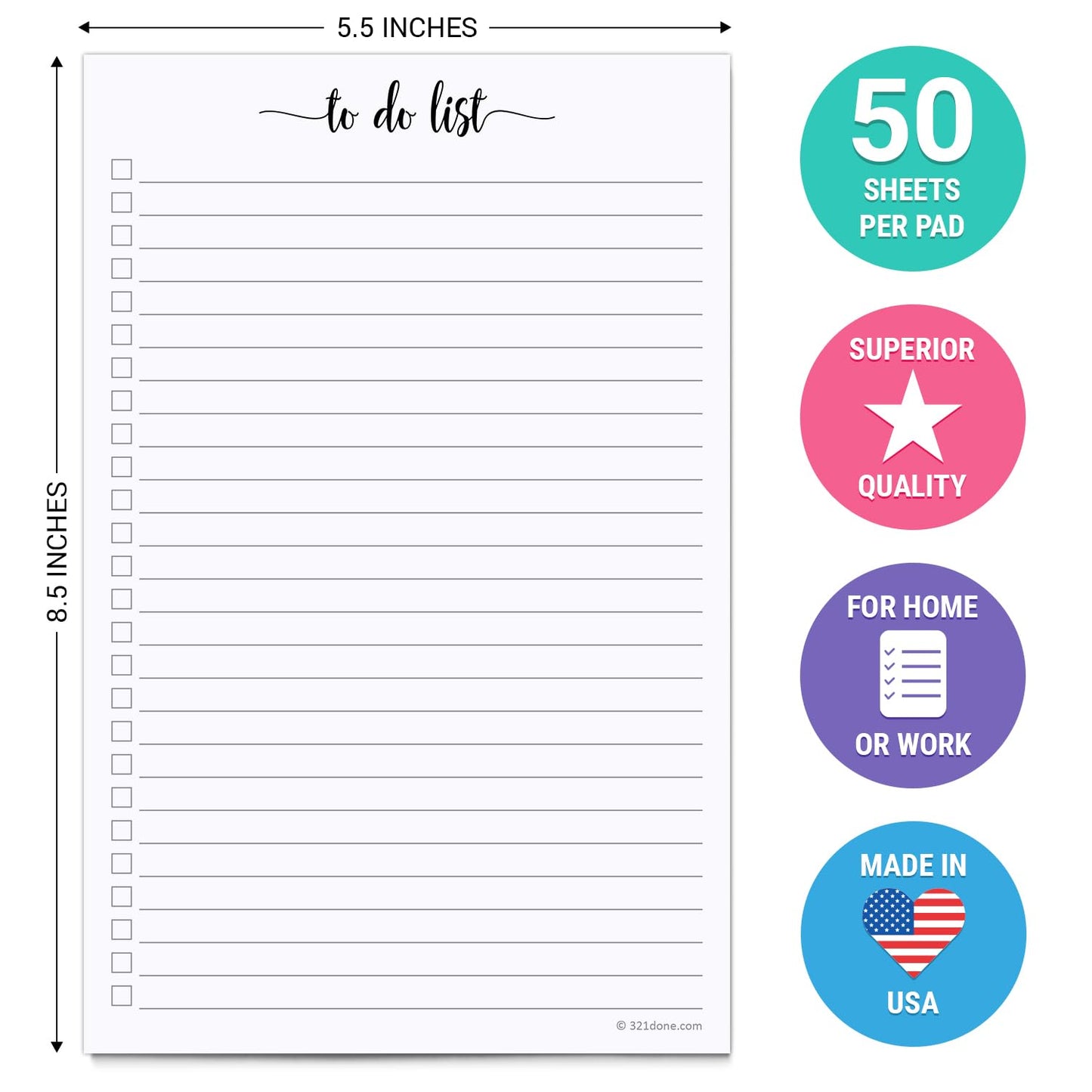 321Done To Do List Notepad, Made in USA - 5.5x8.5, Simple Checklist, Cute Modern Design for Organizing, Planning, College Ruled, Thick Heavy Paper - 50 Sheets