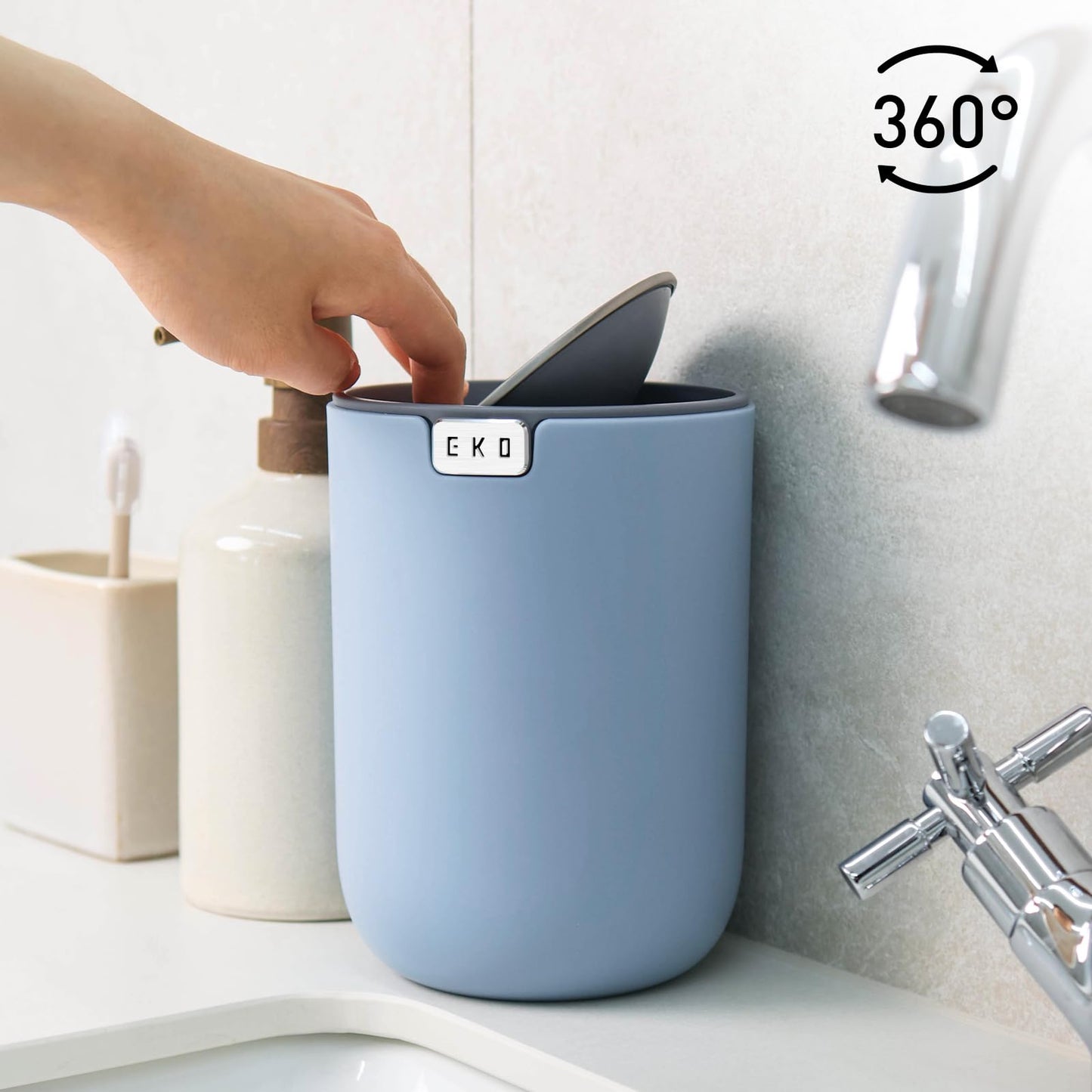 EKO Fandy 0.4 Gal/1.5L Mini Tabletop Trash Bin with Swing-Lid, Desktop Trash Can for Bathroom Countertop, Vanity, Coffee or Office, Small Garbage Bin (Blue)
