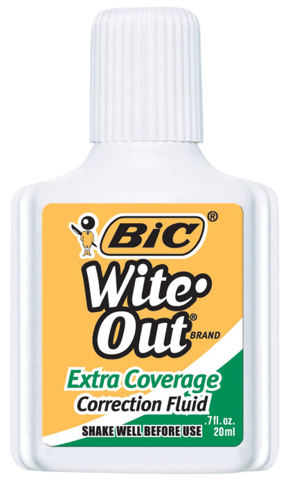 BIC Wite Out Extra Coverage Correction Fluid, 20 mL, White, Covers The Toughest Mistakes, 12-Count Pack