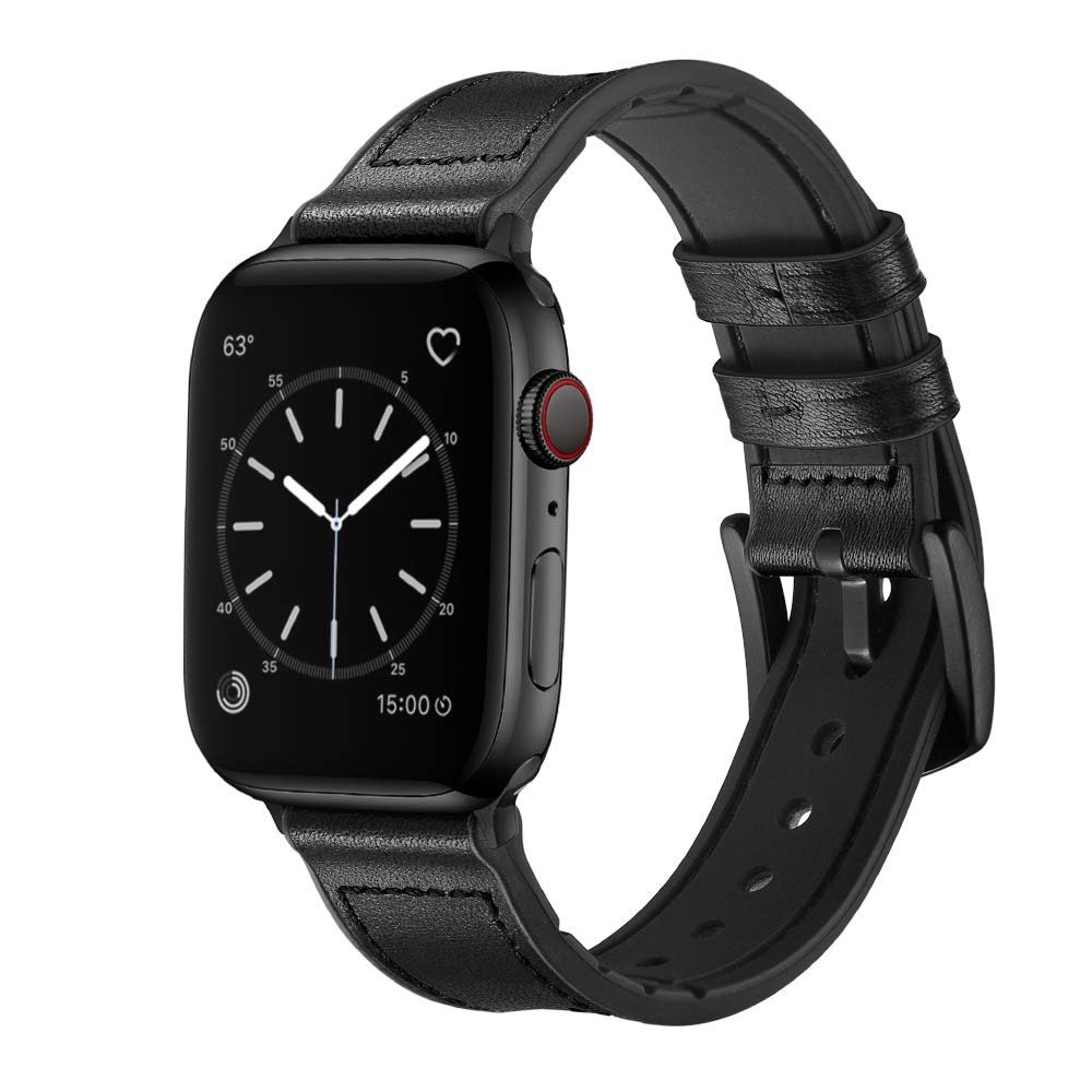 OUHENG Leather Bands Compatible with Apple Watch Band 49mm/46mm/45mm/44mm/42mm, Leather Rubber Hybrid Strap for iWatch Ultra 3/2/1 Series 11 10 9 8 7 6 5 4 3 2 1 SE 3/2/1, Black/Black