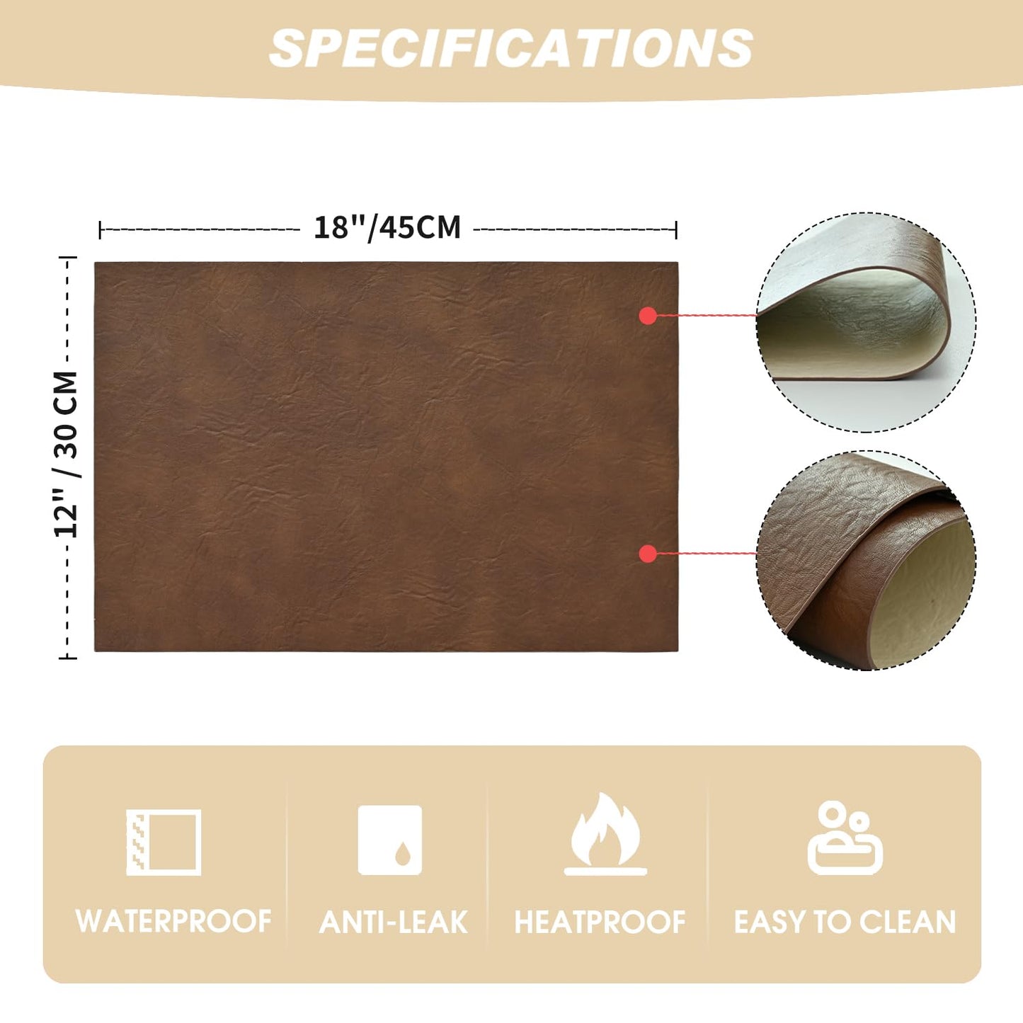 Artoid Mode Brown Faux Leather Placemats Set of 6, 12x18 Inch Waterproof Wipeable Heat Resistant Vinyl Place Mats, Reversible Table Mats for Kitchen Dining Decor