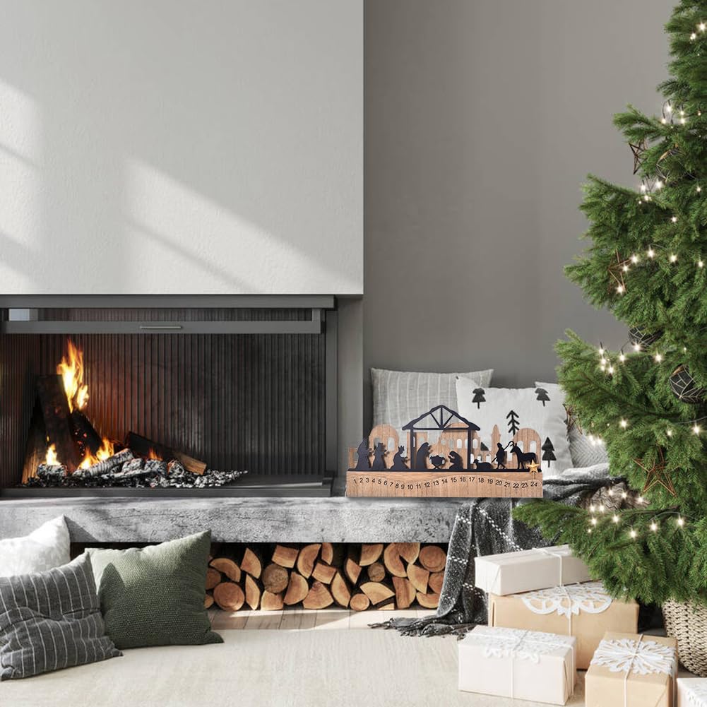 Nativity Sets for Christmas Countdown Calendar, Indoor Rustic Christmas Decor With Wooden Base 3D Design, Xmas Manger Scene for Tabletop Office Shelf Mantel Decoration (Black)