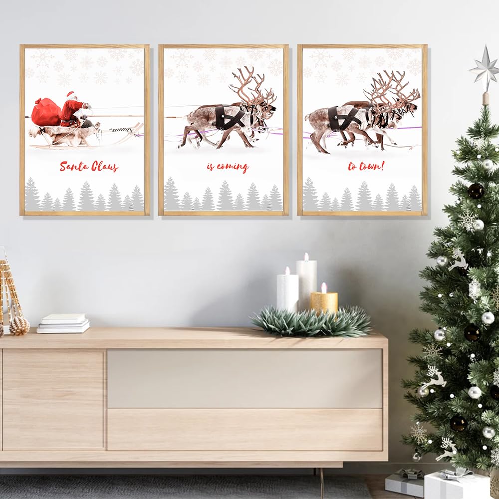 Framed Christmas Wall Art, 3 Pack 12x16 Inch Santa Claus with Sleigh Deer Canvas Pictures for Bedroom Office Home Decor