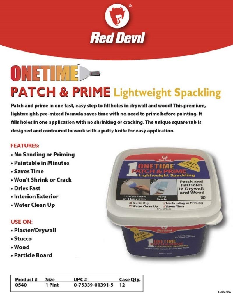 Red Devil 0540 ONETIME Patch & Prime Lightweight Spackling, 1 Pint, White, Pack of 1
