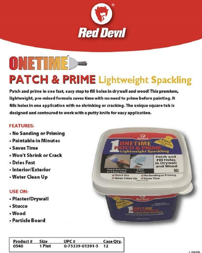 Red Devil 0540 ONETIME Patch & Prime Lightweight Spackling, 1 Pint, White, Pack of 1