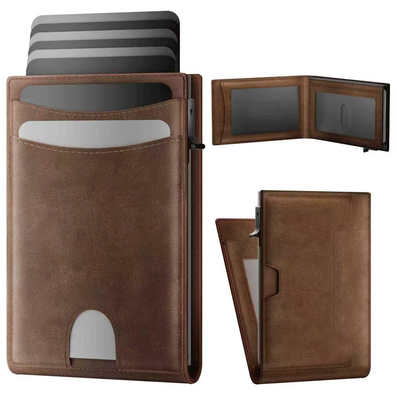 ERUSEHE Wallet for Men: Pop Up Card Case, RFID Blocking, Slim, Minimalist, Genuine Leather, Front Pocket, Smart, Thin, Compact, Magnetic Flap Closure - 2 ID Windows, Up to 12 Cards & 15 Bills (Brown)