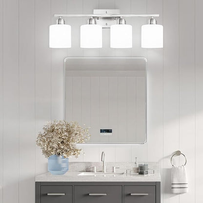 4 Light Bathroom Light Fixtures, Brushed Nickel Vanity Lights for Bathroom with Milky White Frosted Glass Shade, Wall Lights for Mirror Bedroom Living Room E26 Base