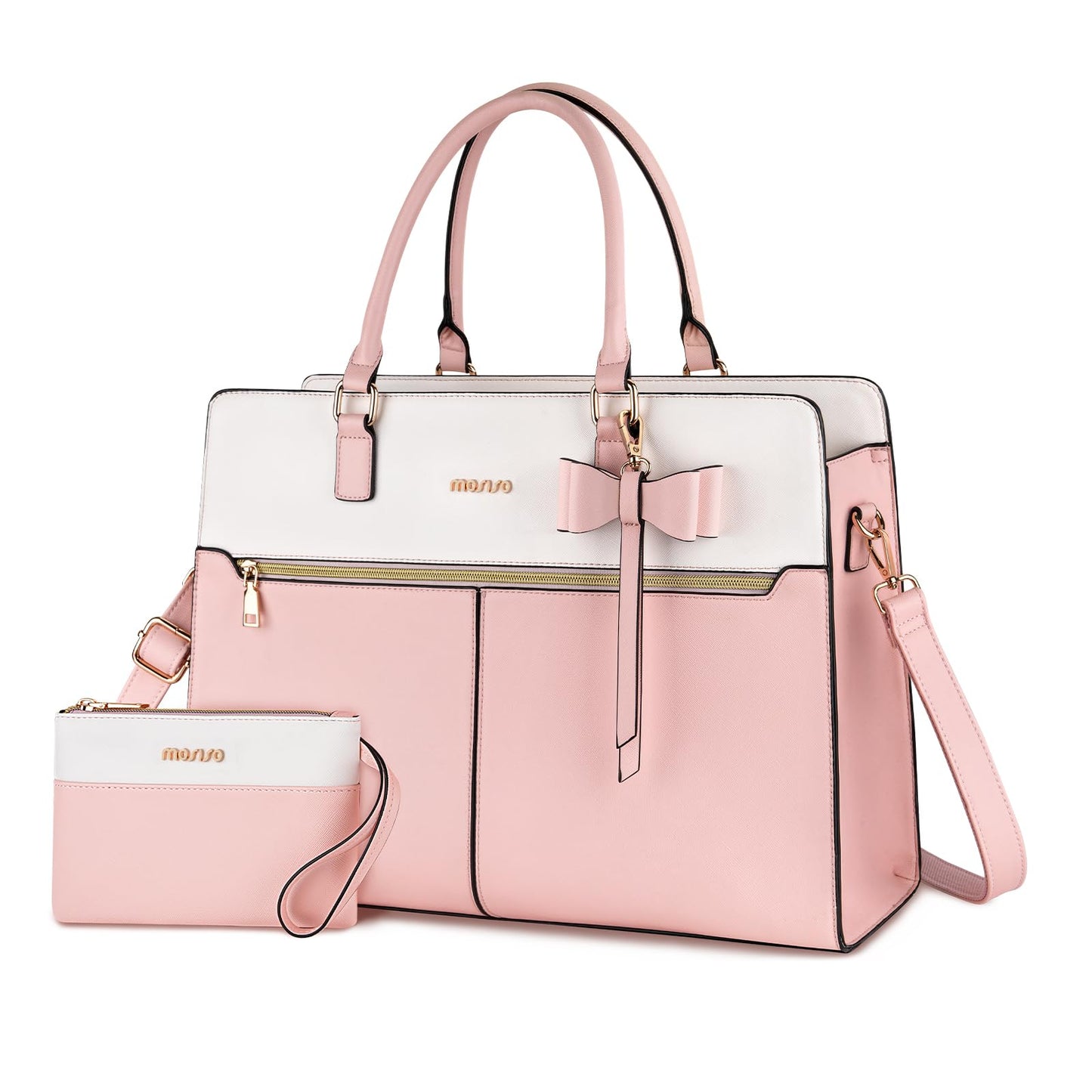 MOSISO Laptop Tote Bag for Women, 15.6 inch Waterproof PU Leather Work Bag with Clutch Purse & Bowknot, Large Capacity Handbag Shoulder Computer Bags Work Briefcase for Business Teacher Office, Pink