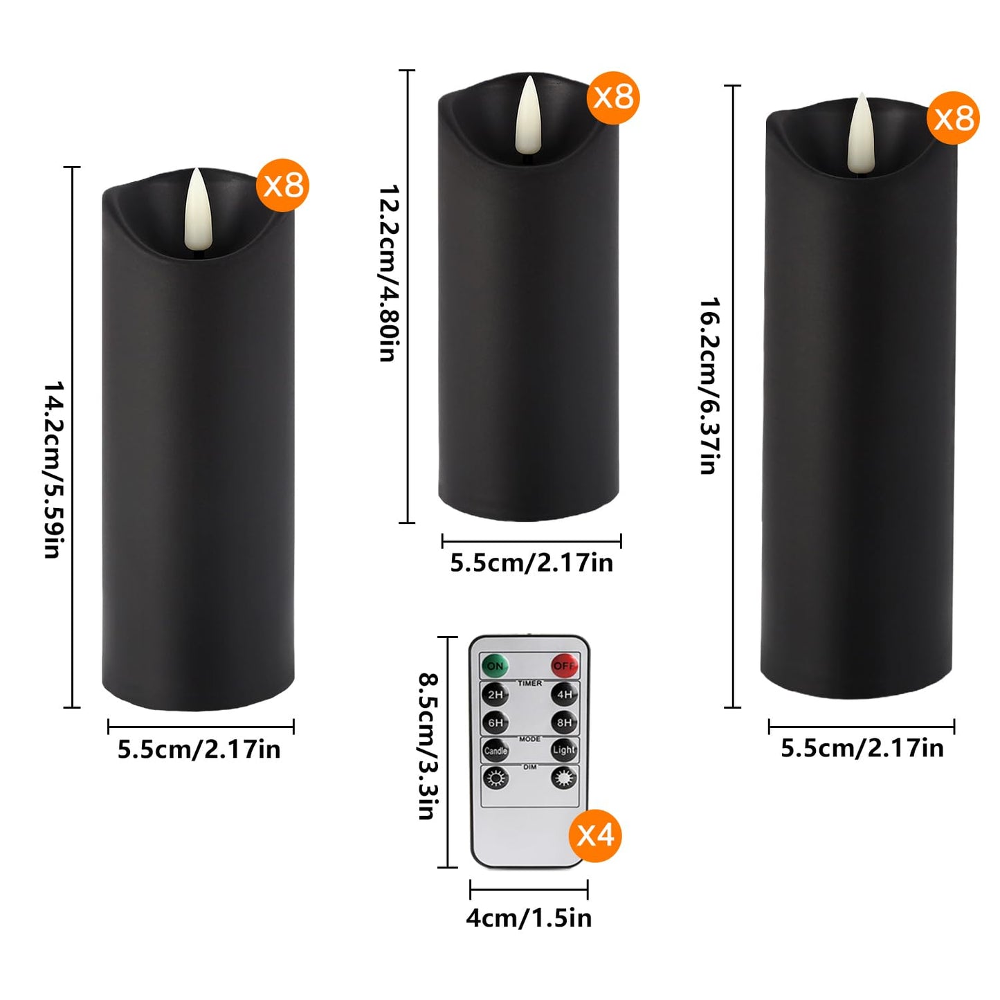 YOROXRG 24 Pack Halloween Decoration Flickering Flameless Candles, Battery Operated LED Pillar Candles with Remote Control and Timer.for Home Decor (D2.2 xH 5" 6" 7" Black)