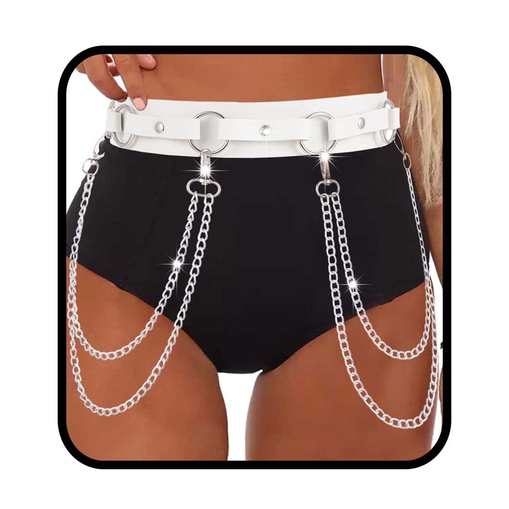 Obmyec Punk Waist Chain Belts Leather Belly Body Chain Gothic Black Leather Waist Accessories for Women (White)
