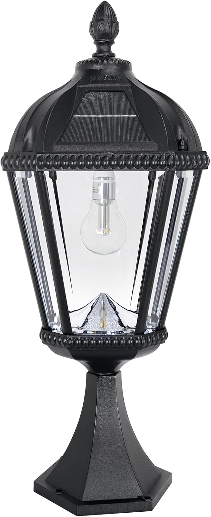 Gama Sonic Outdoor Solar Post Light with Pier Base, Black Aluminum and Beveled Glass, Royal Bulb 150 Lumens Warm White LED, Mount on Column, Pillar, or Flat Exterior Surface (98B011) (Upgraded)