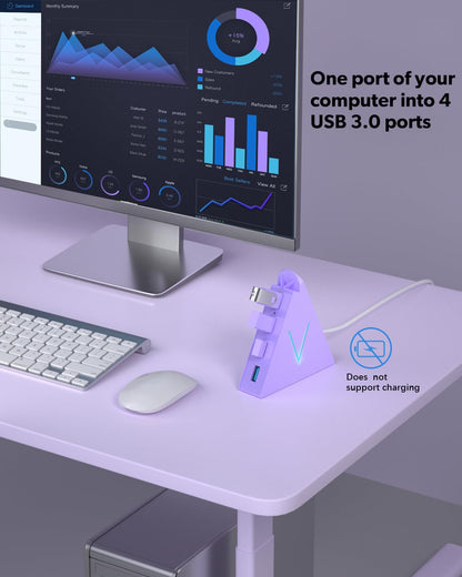 4-Port USB 3.0 Hub, FlyingVHUB Vertical Data USB Hub with 2 ft Extended Cable, for Mac, PC, Xbox One, PS4, PS5, iMac, Surface Pro, XPS, Laptop, Desktop, Flash Drive, Mobile HDD(Pink)