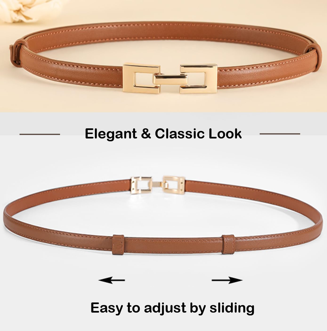 ALAIX 2Pack Skinny Leather Belts for Women Dress Belts Thin Waist Belt with Gold Buckle Adjustable Women's Belt