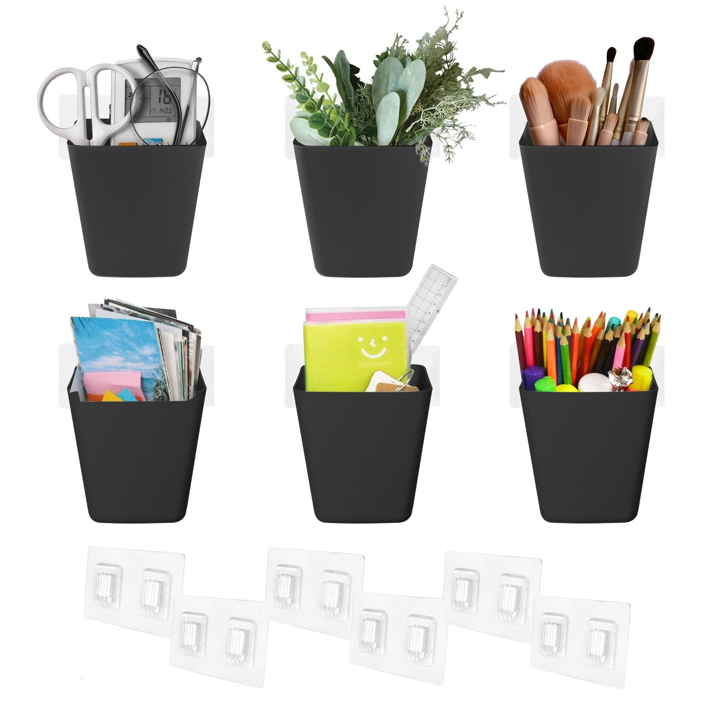 Wall Caddy Pen Holders, 6 Pack Large Pencil Cups Organizer for Marker / Remote / Crayon / White Board Accessories, with Adhesive Stickers, Office Home Craft Class Kids Room Art Organization (Black)