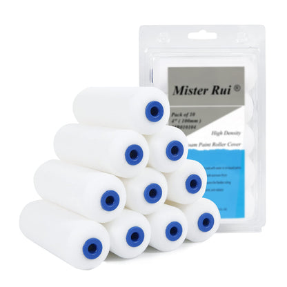 Mister Rui 10 Pack 4 Inch High Density Foam Paint Roller Covers - Small Mini Rollers for Painting Walls, Cabinets, Cupboards, Doors