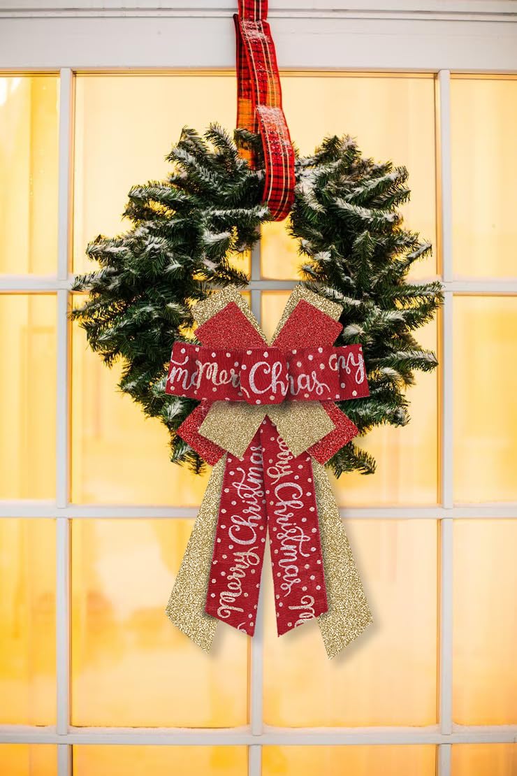 Hying Large Christmas Bows for Wreath, Christmas Wreath Bow Glitter Golden Red Burlap Bows Xmas Tree Topper Bows Ornaments for Front Door New Year Christmas Party Decoration Supplies