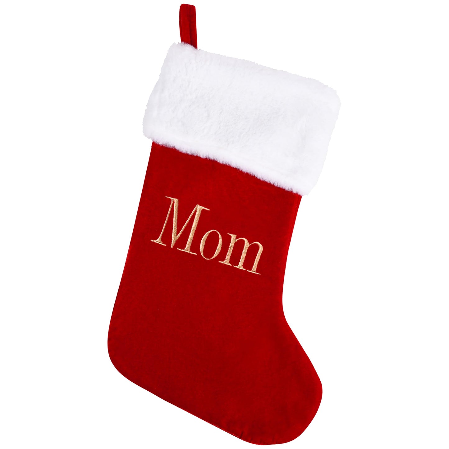20 Inches Monogram Christmas Stockings with Mom Letters, Large Super Soft Christmas Stockings Red Velvet with White Super Soft Plush Cuff for Christmas Xmas Tree Holiday Fireplace