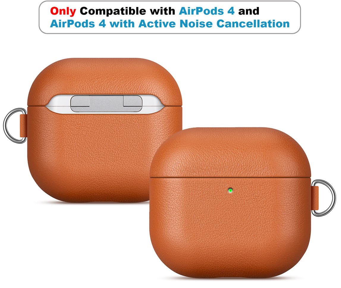 LOPIE Handmade Case for AirPods 4 / AirPods 4 with Active Noise Cancellation Leather Case Clip & Cleaner Kit, Fully-Wrapped with Top Grain Leather, Protective Hard Cover for Gen 4 Air Pods - Brown