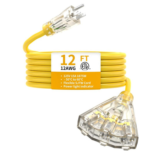 12FT 12 Gauge Heavy Duty Outdoor Extension Cord Waterproof with 3 Outlets Splitter & Lighted End, SJTW 15A 1875W 3 Prong Weatherproof Electric Cable Multi-Plug 3 way Power Cord, ETL Listed for Outside