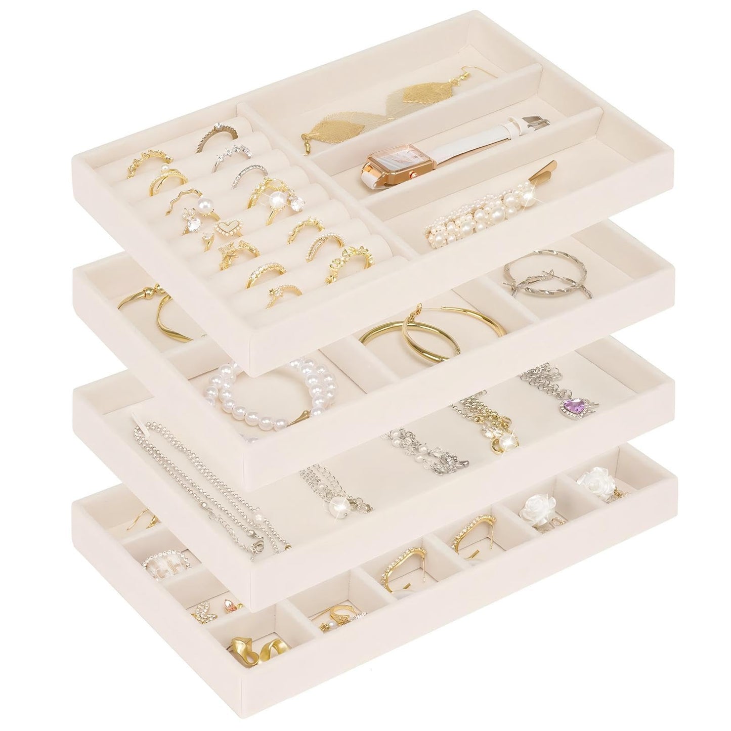 Cirhy Velvet Jewelry Drawer Organizer Trays – Stackable Jewelry Trays for Drawers, Set of 4 Jewelry Organizer for Drawer Inserts, Display Storage Box for Earrings, Rings, Necklaces, Bracelets
