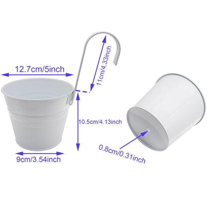 HAJXZH 4PCS White Balcony Decor Iron Flower Pot 5'' Hanging Plant Metal Buckets with Detachable Hooks and Drainage Holes for Railing Patio Garden Decor
