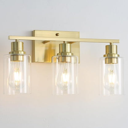 3-Lights Modern Wall Sconces Gold Bathroom Vanity Light Fixtures,Brushed Brass Wall Lights with Clear Glass Shades, Farmhouse Wall Lighting for Hallway,Living Room,Bedroom