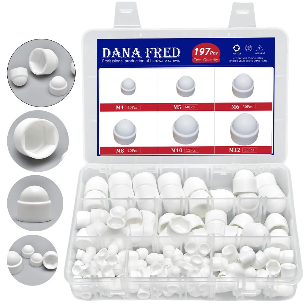 197 Pieces White PE Bolt Covers Screw Caps White Bolt Nut Protective Cap Bolts Cover Screws Caps Hex Cap Plastic Nut Assortment Kits Nylon Insert Locknut for Screws Bolts M4 M5 M6 M8 M10 M12