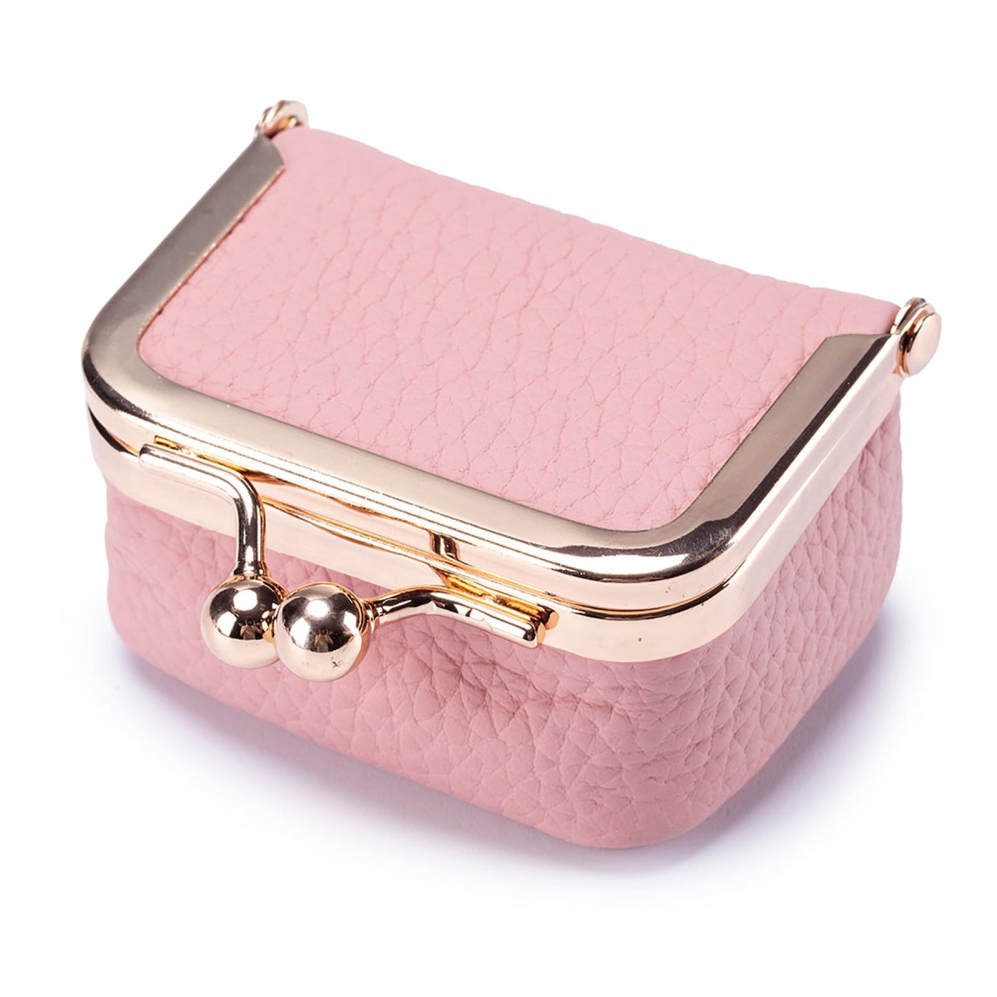 Small Travel Jewelry Box, Genuine Leather Mini Kiss-Lock Coin Purse Organizer, Portable Jewelry Storage for Women (Pink, S)