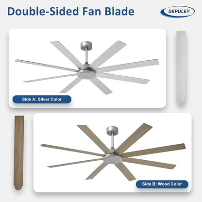 Depuley Large Ceiling Fan without Light: 66 Inch Indoor/Outdoor Fan Reversible DC Motor 6 Speed - Dual 8 Blades Big Ceiling Fans with No Light for Living Room Covered Patio, Silver