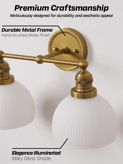 2-Light Gold Wall Sconces,Vintage Bathroom Wall Sconce Light with Milk Glass Double Arm Brass Bathroom Vanity Light for Living Room Bedroom Kitchen E26 Hardwire Indoor