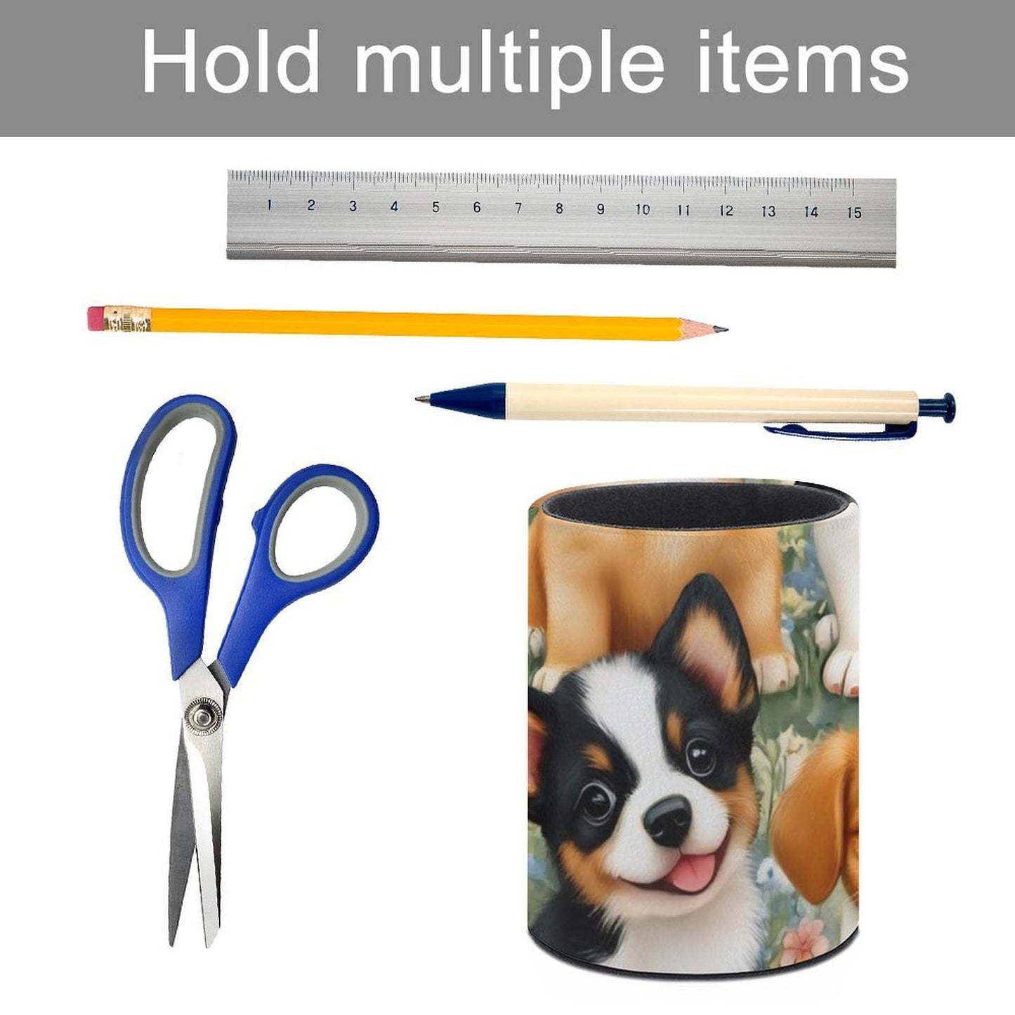 UTRSIFB Pen Holder Leather Pencil, Holder Cup Makeup Brush Storage Organizer, Waterproof Multifunctional Office Supplies Puppy