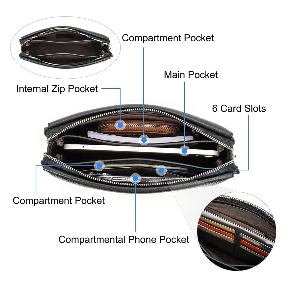 CONTACTS Clutch Purse Bag Leather for Men Anti Theft Wristlet Handbag Wallet Multiple Compartments Card Phone Holder Travel Bag