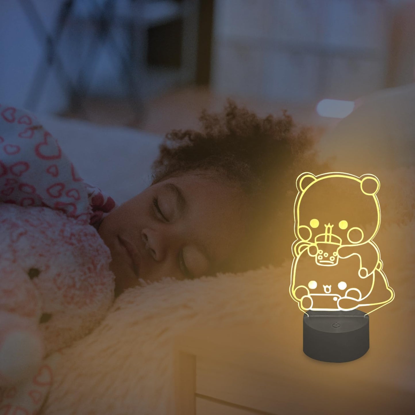 orakoliya 3D Night Light Bubuuu and Duduuu Gifts, Bear Shaped Table Lamp with Remote Control Gifts for Girls Birthday Christmas Valentine